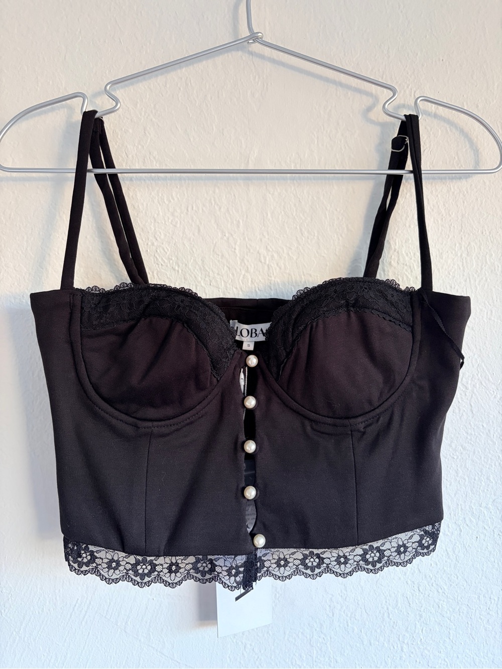 Black Lace-Trim Bustier Corset Crop Top with Pearl Buttons
